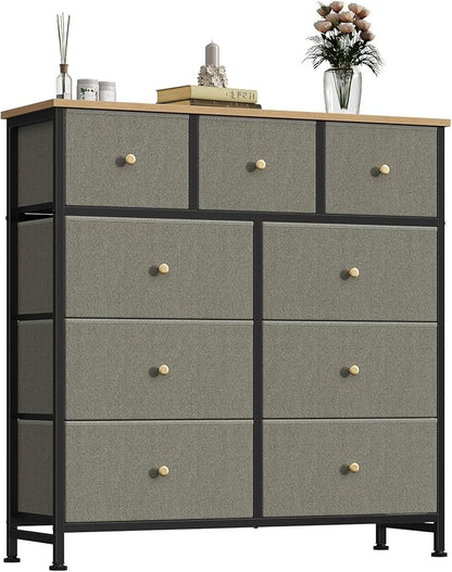OLIXIS 9 Drawer Storage Dresser with Wood Top - Wide Fabric Chest Organizer for Bedroom, Closet, Living Room,Tower Cabinet, TV Stand, Hallway Entryway Furniture,Dark Green