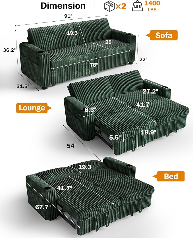 Sunny Heart 91" Plush Corduroy L Shaped Sectional Sleeper Sofa Bed with Pull Out Bed, Reclining Backrest, Reversible Storage Chaise, USB Ports, Cup Holders, Tool Free Assembly,Forest Green