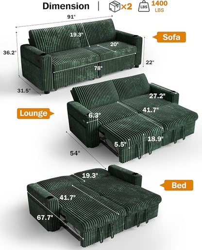 Sunny Heart 91" Plush Corduroy L Shaped Sectional Sleeper Sofa Bed with Pull Out Bed, Reclining Backrest, Reversible Storage Chaise, USB Ports, Cup Holders, Tool Free Assembly,Forest Green