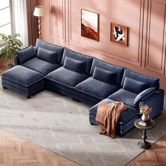 Marsail Modular Sectional Sofa 145.6" U-Shaped Modern Comfy Cloud Couch, 6-Seat Chenille Deep Seat Sofa with Throw Pillow & Movable Ottoman for Living Room, Bedroom and Apartment, Blue