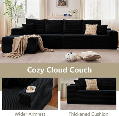 135" Modular Sectional Couches for Living Room, Comfy Boneless L Shaped Cloud Couch with Chaise Lounge, Modern Cozy Corduroy Deep Seat Floor Sofa, Memory Foam, No Assembly Required, Black
