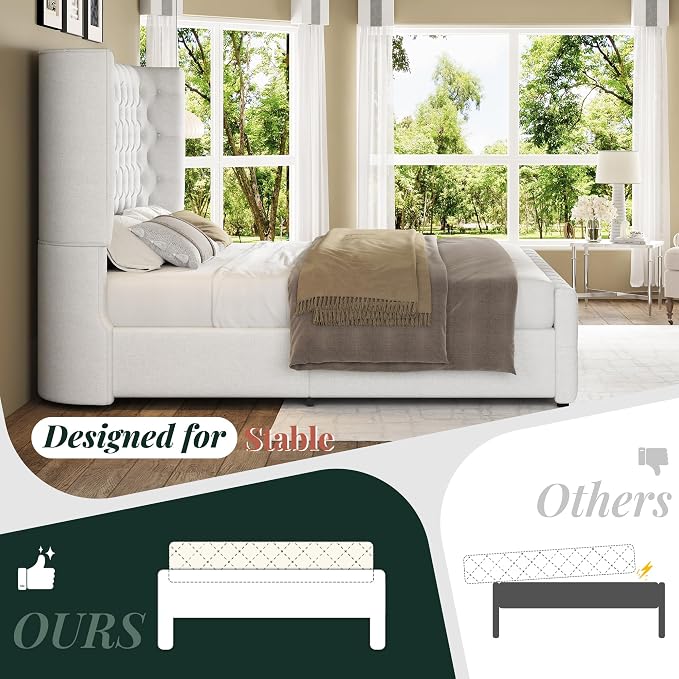 Jocisland King Size Upholstered Bed Frame with 6.3-Inch Curved Wingback Headboard, Tufted Footboard, Wood Slats, No Box Spring Needed, White Linen