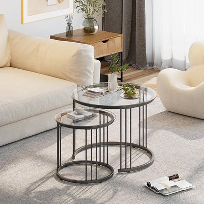 Garden 4 you Nesting Coffee Table, 23.6" Round Coffee Table Set of 2, Glass Nesting Table with Metal Frame, Ceter Tables for Living Room Bedroom Balcony, Black