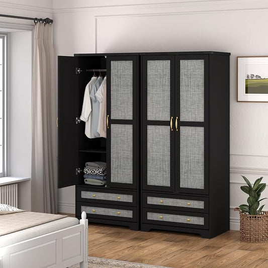 Brafab Armoire Wardrobe Closet with 2 Modern Doors Set of 2, 71" Tall Freestanding Closet Wardrobe Cabinet with Drawers and Hanging Rail, Wooden Storage Cabinet with Shelve for Bedroom, Black