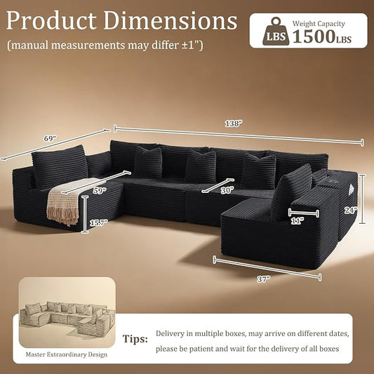 138" Cloud Sectional Couch, Comfort U Shaped Sofa for Living Room, Extra Deep Seats No Assembly, Minimalist Modular Couch, Corduroy (Black, 6 Seats,U-Shape B)