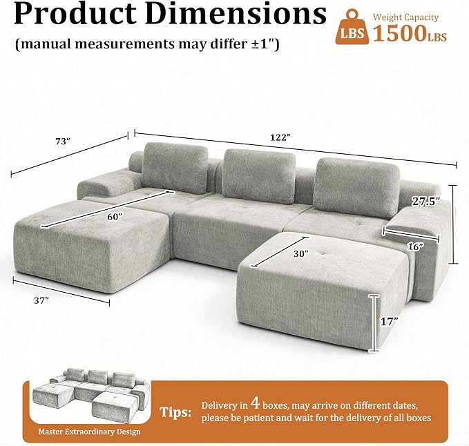 122" U Shaped Oversized Cloud Couch, Comfort Boneless Sectional Couches for Living Room, Modular Sofa High Back & Extra Deep Seat, No Assembly, Soft Chenille(Light Grey, 122 inch-U shaped（3+2）)
