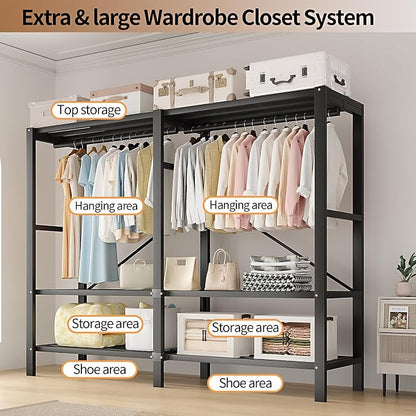Heavy Duty Clothes Rack with Cover, Portable Wardrobe Closet with Magnetic Door & Black Steel Frame, Foldable Freestanding Garment Storage (Red-Magnetic Door, 49.2''L x 20.5''W x 67''H)