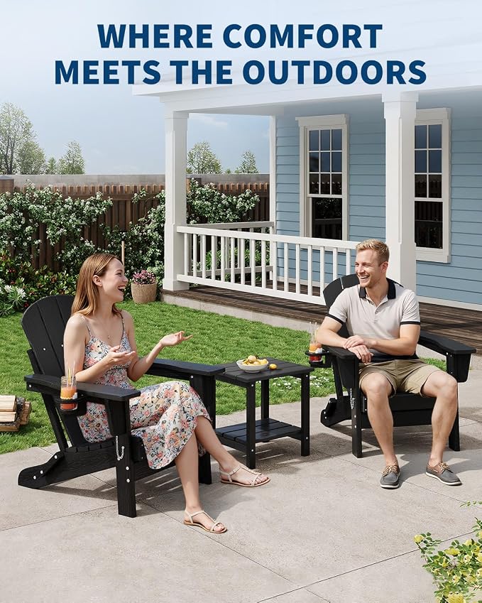 Folding Adirondack Chair, All-Weather HDPE Outdoor Chair, Wooden Textured with Cup Holder for patios, Decks, Gardens, fire pits, Black