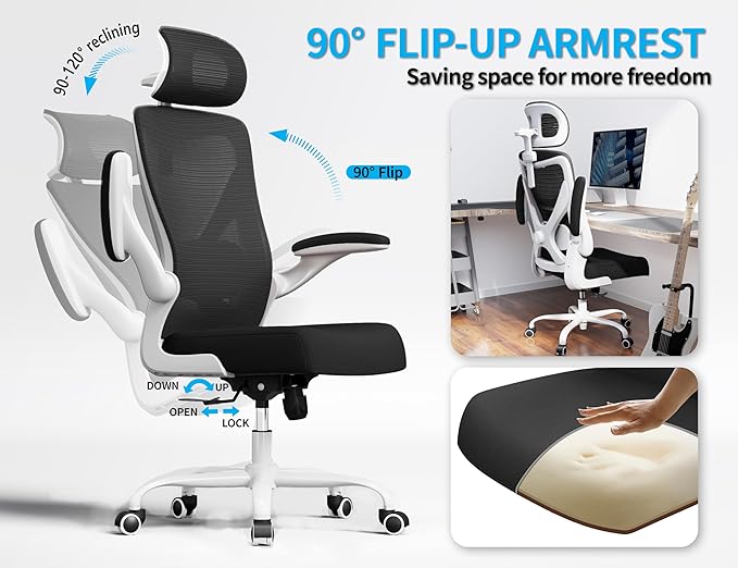 Ergonomic Office Chair - Mesh Desk Chair with Adjustable Lumbar Support High Back Computer Gaming Chairs - Big and Tall Office Chairs Adults, Comfortable for Long Hours, White Black