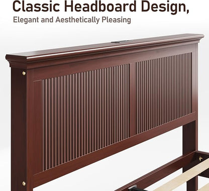 Lifezone King Bed Frame with Headboard, Solid Wood Bed Frame King Size with Charging Station & RGB LED, Wood Slats Support, Noise-Free, Sturdy Structure, Easy Assembly, Mahogany