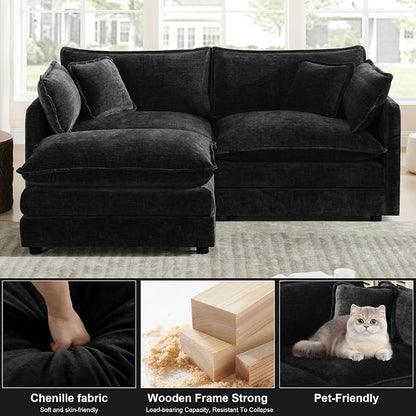 76.7" Modular Sectional Sofa with Ottoman, Modern L Shaped Sectional Couch, Comfy Cloud Couch for Living Room, Loveseat Chenille Deep Seat Sofa with Pillow for Bedroom Apartment, Small Spaces, Black