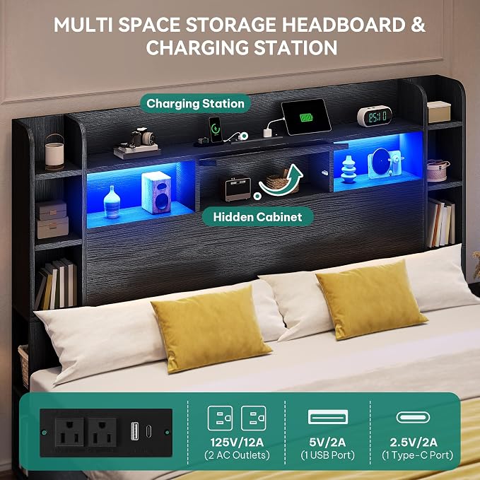 YITAHOME King Size Bed Frame with 51" Tall Bookcase Headboard and 4 Storage Drawers, RGB LED Bed Frame with Type-C & USB Charging Station Headboard Beds, No Box Spring Needed, Noise Free,Antique Black