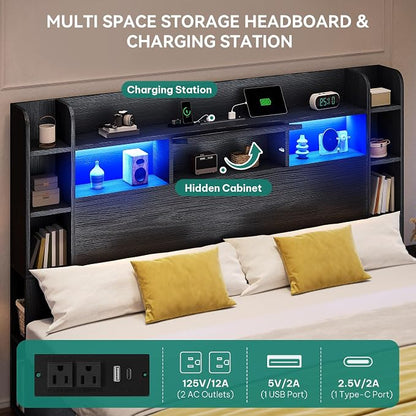 DWVO King Size Bed Frame with Bookcase Headboard and 4 Storage Drawers, RGB LED Bed Frame with Type-C & USB Charging Station Storage Headboard Beds, No Box Spring Needed, Noise Free, Black