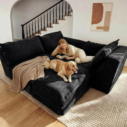Claiks 123" Modular Boneless Couch, L Shaped Couch for Living Room, Modern Deep Seat Sofa 3 Seater Chenille Fabric Comfy Cloud Couches with Movable Ottoman, Black