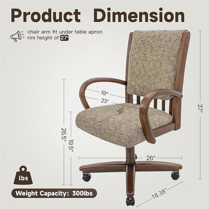 Chromcraft Set of 4 Swivel-Tilt Dining Chairs with Casters, Upholstered Kitchen Chairs with Wooden Arms & Metal Pedestal Base, Premium Foam Comfort, Noriko Earth-Walnut