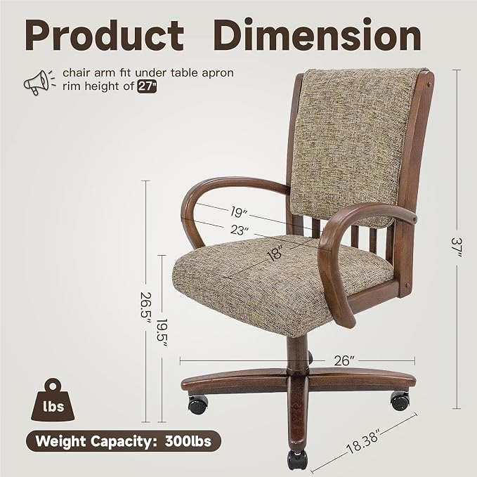 Chromcraft Set of 1 Swivel-Tilt Dining Chair with Casters, Upholstered Kitchen Chairs with Wooden Arms & Metal Pedestal Base, Premium Foam Comfort, Noriko Earth-Walnut