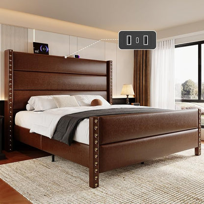 Queen Bed Frame with Storage Shelf & Charging Station, 55" Tall Headboard & 25.6" Footboard, Faux Leather Upholstered Platform Bed with Big Rivets Wingback, Heavy Duty & Noise-Free, Brown