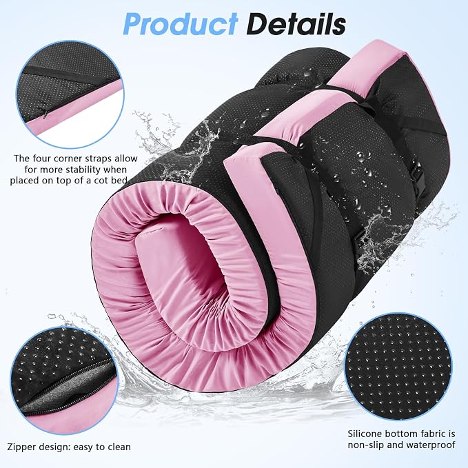 CYMULA 3 Inch Memory Foam Camping Pad, Camping Essentials Roll Up Floor Mat for Car Camping, Cot, Tent, Truck, Travel and Guest Use, Non-Slip Waterproof Bottom, Removable Cover