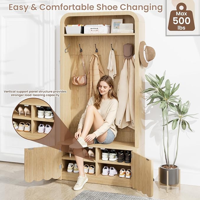 Narrow Hall Tree with Bench and Shoe Storage, Arched Entryway Coat Rack with Adjustable Shoe Cabinet,8 Hooks, Modern Rustic Mudroom Storage Organizer with Scalloped Wave Fluted Doors (Nature Oak)