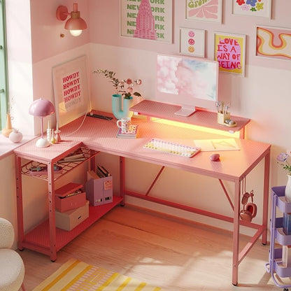 Bestier 52" Gaming Desk with Integrated Power Outlet & USB Ports, L-Shaped Computer Desk with LED Strip & Headphone Hooks, Perfect for Home Office Pink