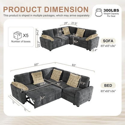 Hanherry Sectional Couch with Pull Out Sofa Bed,Chenille Sleeper Sofa with 2 Seat Storage & USB Charging,Comfy L Shaped Modular Couches for Living Room,Apartment