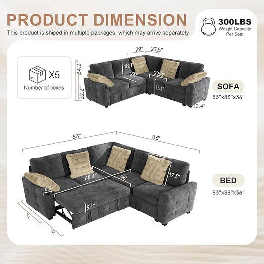 Hanherry Sectional Couch with Pull Out Sofa Bed,Chenille Sleeper Sofa with 2 Seat Storage & USB Charging,Comfy L Shaped Modular Couches for Living Room,Apartment