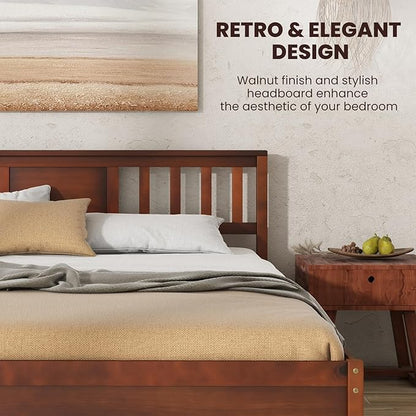 Giantex Queen Size Solid Wood Platform Bed Frame, Mid Century Queen Bed Frame with Headboard, Wood Slat Support, Panel Bed, No Box Spring Needed, Easy Assembly, Walnut