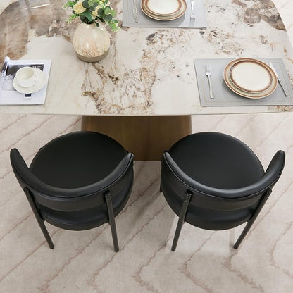Faux Leather Dining Chairs Set of 4, Upholstered Kitchen and Dining Room Chairs, Mid-Century Modern Dining Chairs with Round Back and Black Metal Legs, Vegan Leather, Black