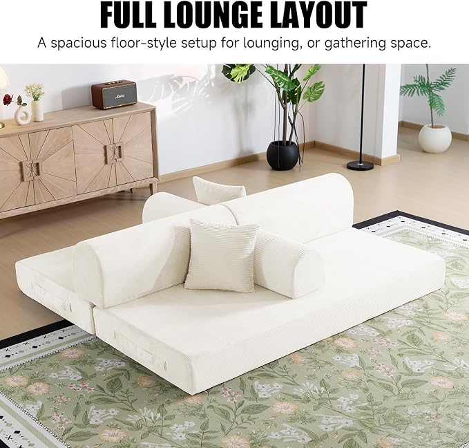 78.8" Memory Foam Boneless Couch, Corduroy Floor Sofa Bed, Convertible Sleeper Futon Loveseat, Wide Armrests & Back Support, Supports Up to 1200 lbs, Couch in a Box with 2 Pillows, Lvory