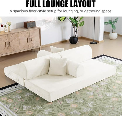 79" Corduroy Sofa Bed, Boneless Couch in a Box with 2 Pillows, High-Density Foam 4-in-1 Foldable Sleeper Futon Loveseat for Small Spaces, No Assembly, Side Pockets, Round Arm White