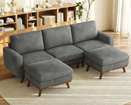 Vesgantti 97" Modular Sectional Sofa Dark Gray, U-Shaped Couch with Movable Ottoman, Comfy Corduroy Couch with Spring Cushion, Modular Sofa with Deep Seat for Living Room, Bedroom and Apartment