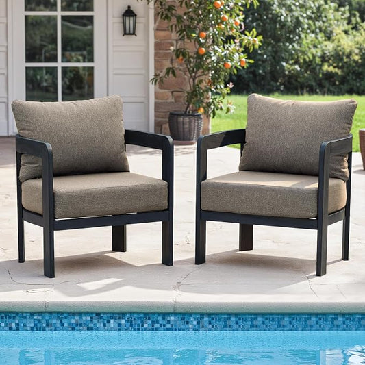 Outdoor Furniture Set, 2Pcs Patio Armchairs, Metal Modern Outside Furniture with 6'' Thick Cushions, Outdoor Conversation Set Balcony Chairs for Backyard, Porch,Deck, Black&Coffee