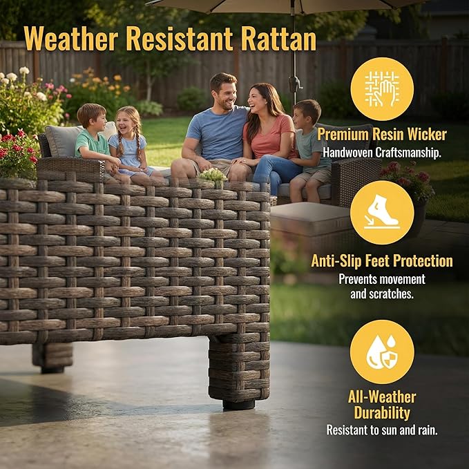 Wisteria Lane 7 Piece Patio Furniture Set, High Curved Back Wicker Outdoor Dining Set, All Weather Patio Sectional, Outdoor Furniture Patio Conversation Set with Ottoman, Ash Gray