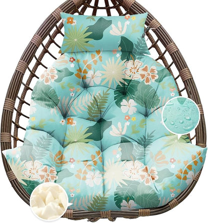 Outdoor Hanging Egg Chair Cushion Replacement, Extra Large Waterproof Egg Swing Cushions with Headrest Pillow and Ties, U-Shaped Thickened Cushion for Hanging Eggs Chair (Cyan Floral Leaf)