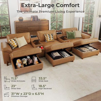 SITJOY Large Cloud Couch, 146" Wide 3 Seater Sofa Bed with Console, Brown | Pet-Friendly Scratch-Resistant Leather Sectional Sofas for Living Room, Deep Seat Wide Couch with Chaise, Storage Ottoman