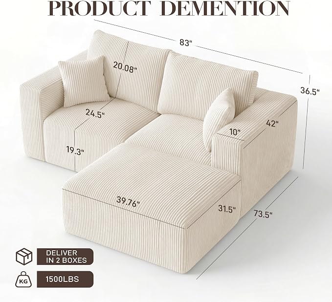 Modular Sectional Sofa with Ottoman, L-Shaped Cloud Couch, 79" Memory Foam Boneless Loveseat with Chaise, No Assembly Required Corduroy Frameless Sofa for Small Living Room Apartment Home Decor, Beige