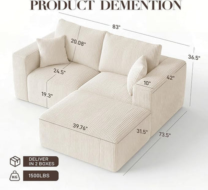 Modular Sectional Sofa with Ottoman, L-Shaped Cloud Couch, 79" Memory Foam Boneless Loveseat with Chaise, No Assembly Required Corduroy Frameless Sofa for Small Living Room Apartment Home Decor, Beige
