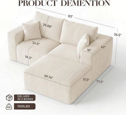 Modular Sectional Sofa with Ottoman, L-Shaped Cloud Couch, 79" Memory Foam Boneless Loveseat with Chaise, No Assembly Required Corduroy Frameless Sofa for Small Living Room Apartment Home Decor, Beige