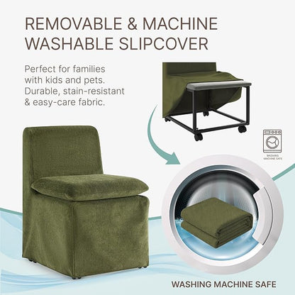 KISLOT Upholstered Dining Chairs Set of 2 with Casters, Modern Armless Kitchen Chairs with Removable Washable Cover, Chenille Velvet Fabric, Sturdy Metal & Wood Frame, 19.5" Seat Height, Green