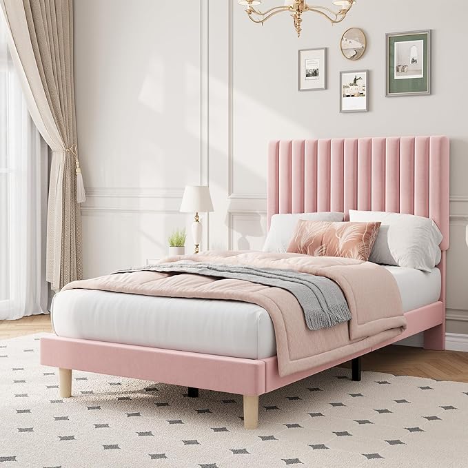 IDEALHOUSE Twin Bed Frame with Adjustable Headboard, Velvet Upholstered Platform Bed Frame Twin Size, Vertical Channel Tufted, Strong Wooden Slats, No Box Spring Needed, Easy Assembly, Pink