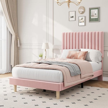 IDEALHOUSE Twin Bed Frame with Adjustable Headboard, Velvet Upholstered Platform Bed Frame Twin Size, Vertical Channel Tufted, Strong Wooden Slats, No Box Spring Needed, Easy Assembly, Pink