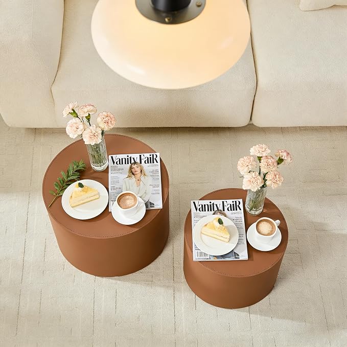 Round Coffee Table Set of 2, Modern Leather Circle Accent Tables, Minimalist Wooden Drum Side Table for Small Spaces Living Room Bedroom Balcony Office. Brown