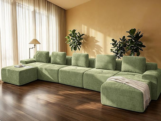 196" U Shaped Oversized Boneless Couch, Comfort Cloud Sectional Couches for Living Room, Modular Sofa High Back & Extra Deep Seat, No Assembly, Chenille (Olive Green, 196 inch-U Shaped（5+2）)