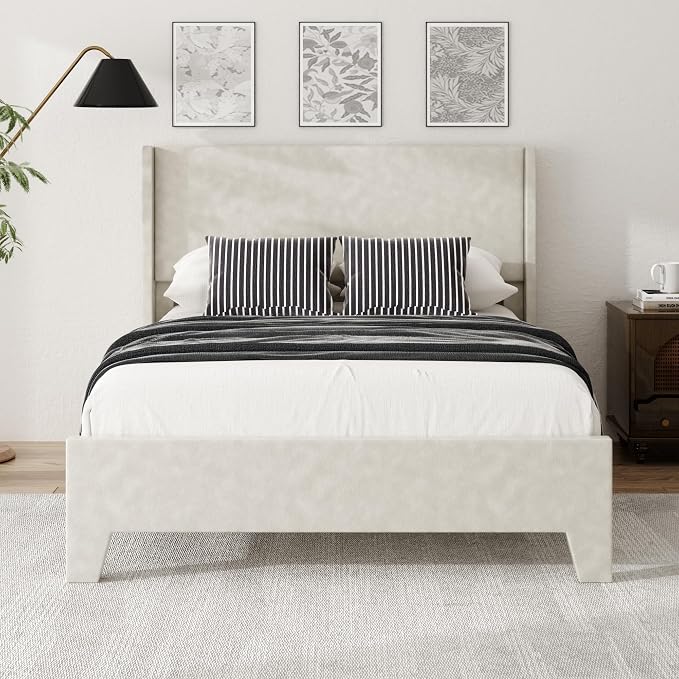 Full Size Bed Frame with Faux Leather Upholstered Headboard, Wear-Resistant, Easy Clean, Mattress Foundation, No Box Spring Required, Easy Assembly, Beige