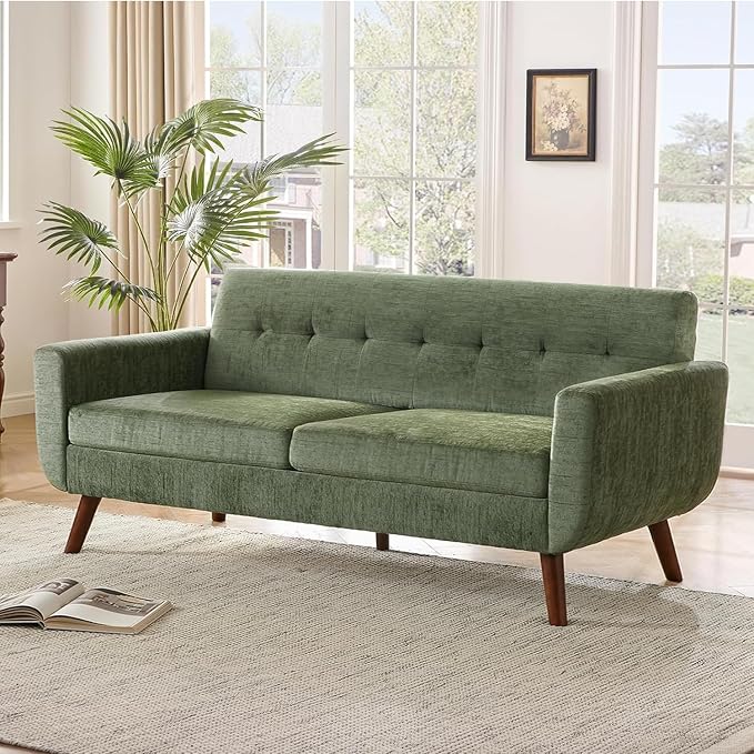 Tbfit 77.2" W Linen Sofa Couch, Mid Century Modern Decor Loveseat Couches for Living Room, Button Tufted Upholstered Small Couch for Bedroom, Solid, and Easy to Install Love Seats Furniture, Green