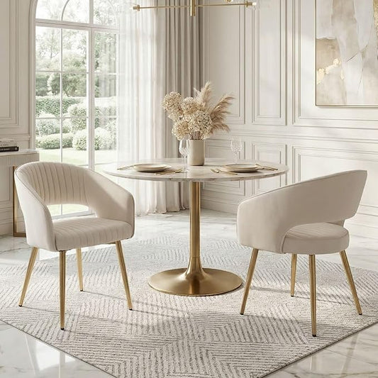 Hyfirm Leather Dining Chairs Set of 2, Modern Cream Gold Kitchen Chairs with Hollow Back, Upholstered Accent Side Chairs for Living Room/Reception/Restaurant