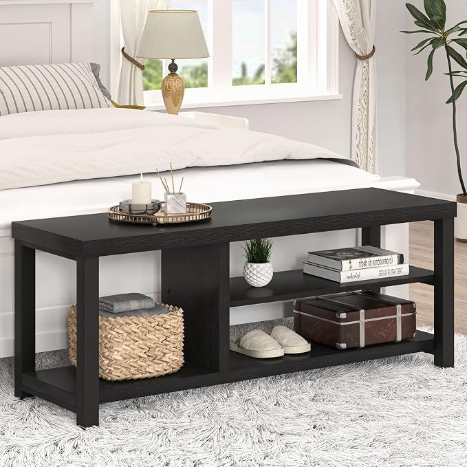 EXCEFUR Shoe Bench, Rustic Wooden Storage Bench for Entryway Hallway, Industrial Indoor Shoe Rack Bench Seat for Living Room Bedroom, 43.3 Inch Black