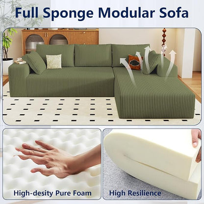 96" Modular Sectional Sofa, Modern Corduroy Cloud Couch with Deep Seat, Boneless Couch Upholstered 3-Seater L-Shaped Sofa for Living Room, No Assembly Required (Green, Right-Facing Chaise)