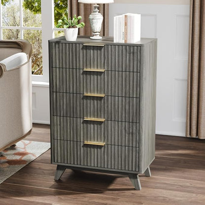 VINGLI Fluted Tall Dresser 5 Drawer Grey Chest of Drawers, Wood Dresser with Rounded Edges, Gray Chest Dressers for Bedroom, 29.92" W*15.6" D*44.88" H