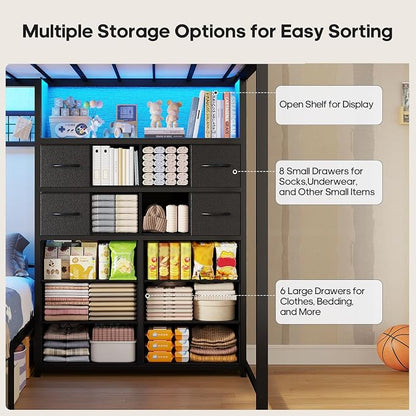 BTHFST Bunk Bed Twin Over Twin with 14 Storage Drawers & Bookshelf, Twin Bunk Beds with RGB LED Lights & Metal Grid Panel, Metal Bunk Beds for Kids with Safety Guardrails & Ladder, Black